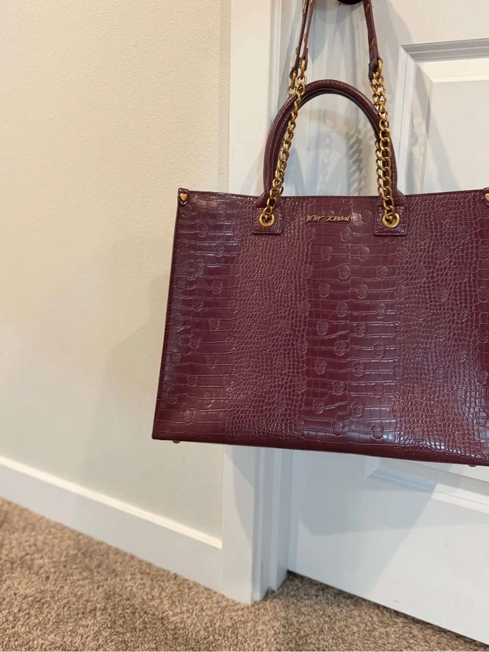 Betsey Johnson Plum Croc-Embossed Tote with Matching Zip Pouch
